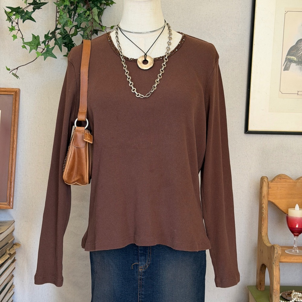 Brown Ribbed Long Sleeve Top Beaded Neckline Boho Indie Grunge Granola PL